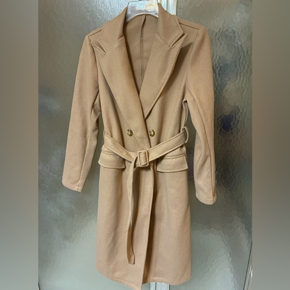Shein Camel Double Breasted Shawl Collar Long Coat Sz. M